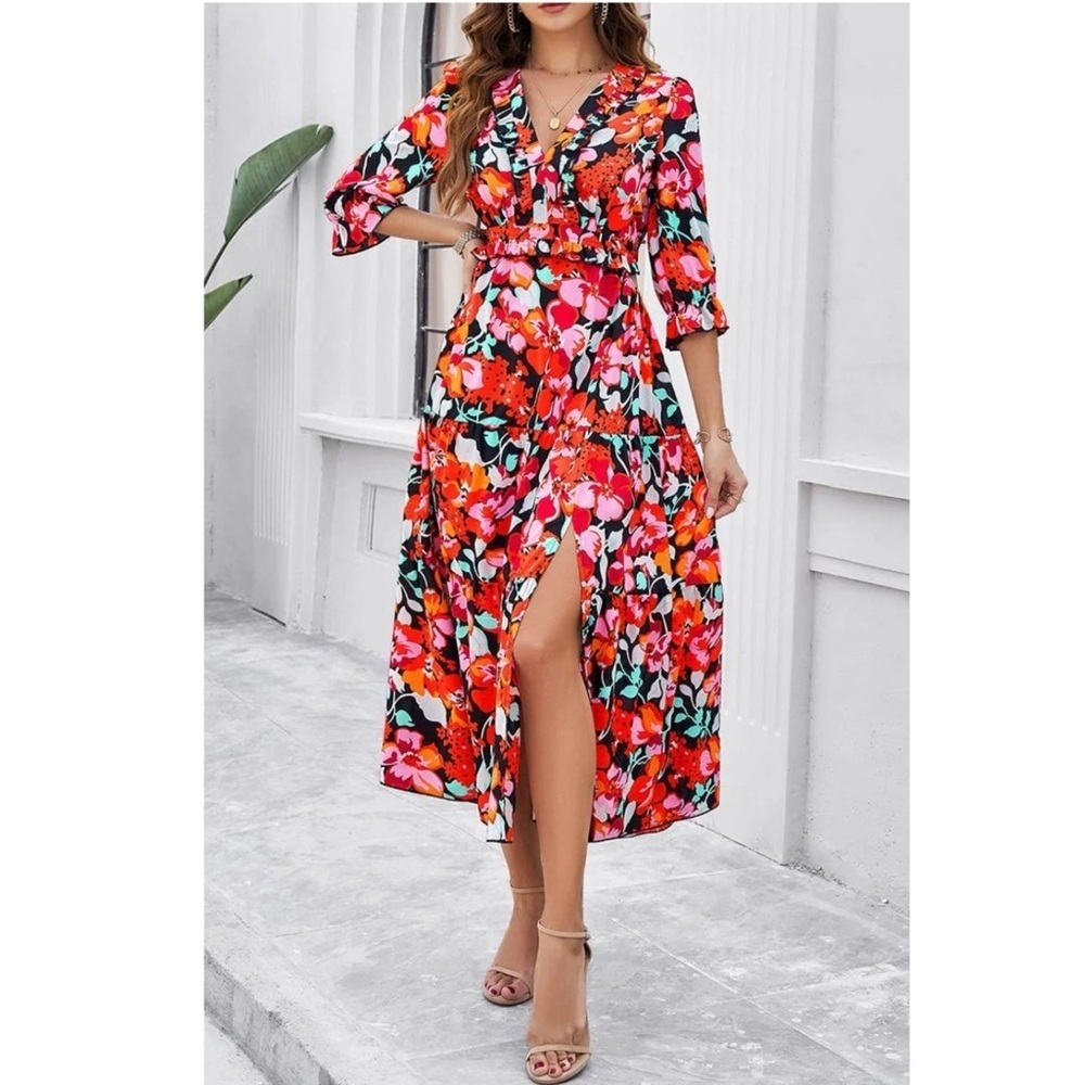Floral Ruffle Trim A Line Dress Midi Length Boutique Dress Side Slit in Multi